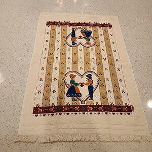 Vintage Unused Kitchen Towel Boy Girl Dutch Heart Flower Tulip 25x16" Cotton